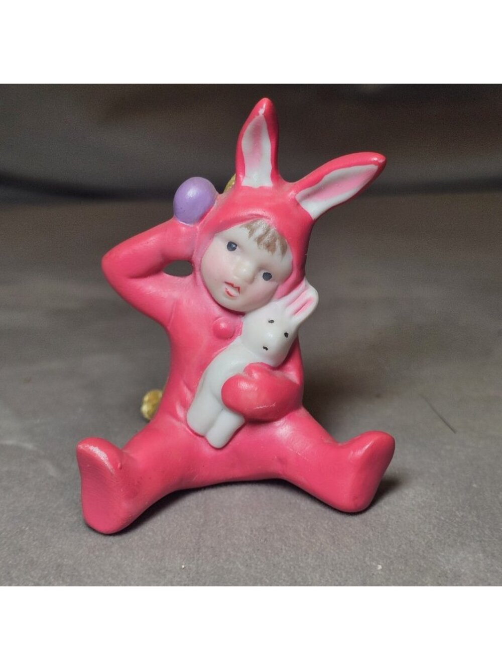 VTG Christmas Ornament Child Bunny Costume Pink Holding Bunny Ceramic Midwest